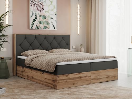 MKS MEBLE Boxspringbett 180x200 Mit Bettkasten Eiche, Polsterbett Mit Matratze H3, Kopfteil, Holzrahmen in Wotan Eiche - Dunkelgrau Kunstleder - Veneto von MKS MEBLE