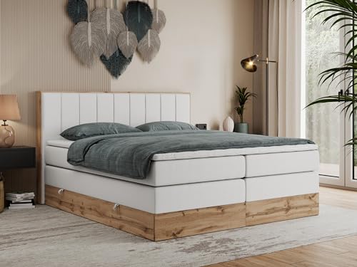 MKS MEBLE King Boxspringbett 180x200 mit Bettkasten Eiche, Polsterbett 180x200 mit Matratze H3, Bett 180x200 mit Rahmen in Wotan Eiche und Kopfteil - Weiß Kunstleder - Bellissimo King von MKS MEBLE