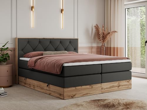 MKS MEBLE King Boxspringbett 180x200 mit Bettkasten Eiche, Polsterbett 180x200 mit Matratze H4, Bett 180x200 mit Kopfteil, Bett mit Holzrahmen in Wotan Eiche - Dunkelgrau Kunstleder - Veneto King von MKS MEBLE