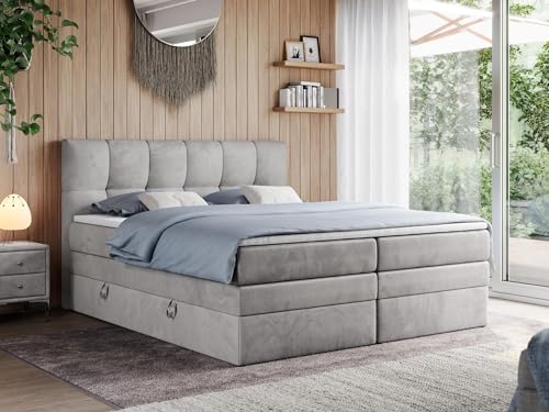 MKS MEBLE King Boxspringbett 200x200, Polsterbett 200x200 mit Bettkasten, Bett 200x200 mit Multipocket-Matratze H4, Boxspringbett 200x200 mit Kopfteil und Topper - H4 Hellgrau Velvet - Alvin von MKS MEBLE