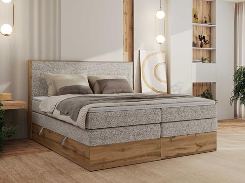 MKS MEBLE King Boxspringbett 200x200 Mit Bettkasten Eiche, Polsterbett Mit Matratze H3, Bett Mit Kopfteil und Holzrahmen in Wotan Eiche - Beige Strukture - Wood Classic King von MKS MEBLE