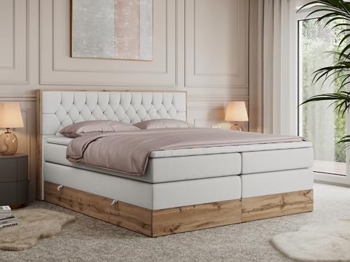 MKS MEBLE King Boxspringbett 200x200 mit Bettkasten Eiche, Polsterbett 200x200 mit Matratze H4, Bett 200x200 mit Kopfteil, Bett mit Holzrahmen in Wotan Eiche - Weiß Kunstleder - Amore King MKS MEBLE King Boxspringbett 200x200 mit Bettkasten Eiche, Polsterbett 200x200 mit Matratze H4, Bett 200x200 mit Kopfteil, Bett mit Holzrahmen in Wotan Eiche - Weiß Kunstleder - Amore King von MKS MEBLE