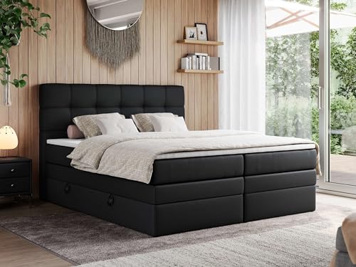 MKS MEBLE King Boxspringbett 200x200 mit Bettkasten und Matratze H3, Polsterbett 200x200 mit Bettkasten, Bett 200x200, Boxspringbett 200x200 mit Kopfteil und Topper - H3 Schwarz Kunstleder - ERNI von MKS MEBLE