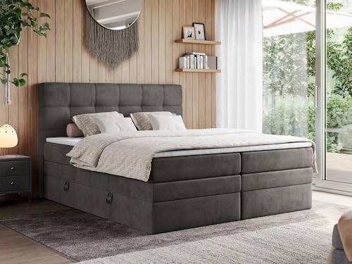 MKS MEBLE King Boxspringbett 200x200 mit Bettkasten und Matratze H4, Polsterbett 200x200 mit Bettkasten, Bett 200x200, Boxspringbett 200x200 mit Kopfteil und Topper - H4 Dunkelgrau Velvet - ERNI von MKS MEBLE