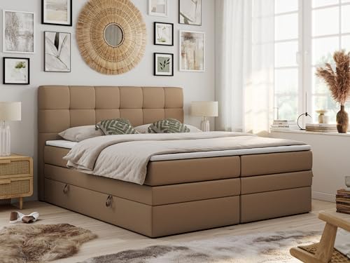 MKS MEBLE King Boxspringbett Braun 140x200, Polsterbett 140x200 mit Bettkasten, Bett 140x200 mit Multipocket-Matratze H4, Boxspringbett 140x200 mit Kopfteil und Topper - H4 Braun Kunstleder - Luka von MKS MEBLE