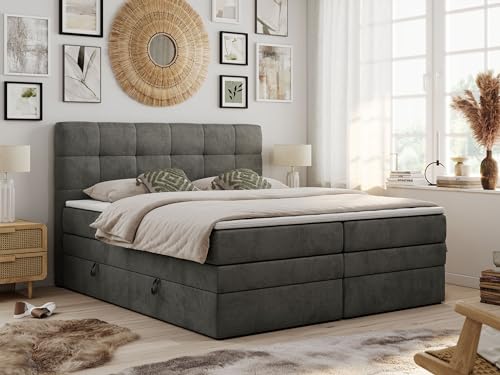 MKS MEBLE King Boxspringbett Grau 200x200, Polsterbett 200x200 mit Bettkasten, Bett 200x200 mit Multipocket-Matratze H4, Boxspringbett 200x200 mit Kopfteil und Topper - H4 Dunkelgrau Velvet - Luka von MKS MEBLE