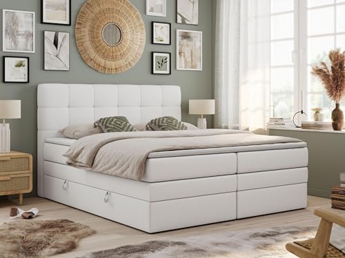 MKS MEBLE King Boxspringbett Weiß 160x200, Polsterbett 160x200 mit Bettkasten, Bett 160x200 mit Multipocket-Matratze H4, Boxspringbett 160x200 mit Kopfteil und Topper - H4 Weiß Kunstleder - Luka MKS MEBLE King Boxspringbett Weiß 160x200, Polsterbett 160x200 mit Bettkasten, Bett 160x200 mit Multipocket-Matratze H4, Boxspringbett 160x200 mit Kopfteil und Topper - H4 Weiß Kunstleder - Luka von MKS MEBLE