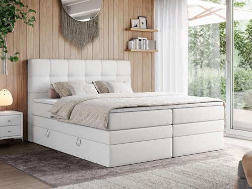 MKS MEBLE King Boxspringbett 180x200 mit Bettkasten und Matratze H4, Polsterbett 180x200 mit Bettkasten, Bett 180x200, Boxspringbett 180x200 mit Kopfteil und Topper - H4 Weiß Kunstleder - ERNI von MKS MEBLE