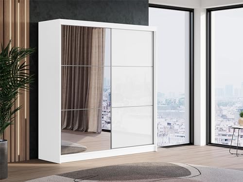 MKS MEBLE Kleiderschrank mit Spiegel 200 cm - Schwebetürenschrank Flurschrank Wardrobe - Schlafzimmerschrank Sammlung Valencia - Weiß-Weiß mit Spiegel - Modern Design von MKS MEBLE