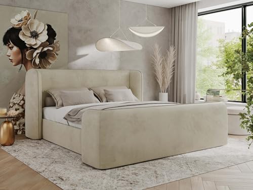 MKS MEBLE Polsterbett 120x200 Beige Velvet mit Schaumstoffmatratze, modernes Design, stabile Konstruktion – Doppelbett ohne Bettkasten, Designerbett - EMORA Duo von MKS MEBLE
