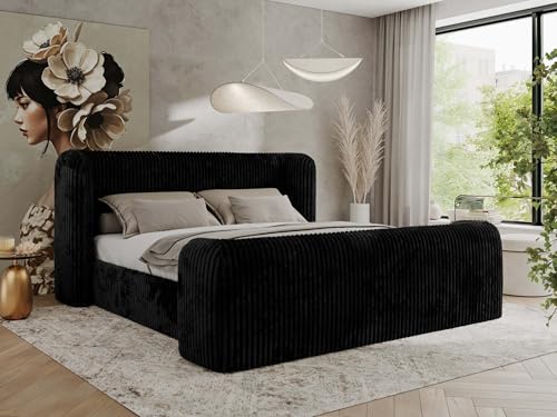 MKS MEBLE Polsterbett 140x200 Schwarz Cord mit Multipocket-Matratze, modernes Design, stabile Konstruktion – Doppelbett ohne Bettkasten, Designerbett - EMORA Duo von MKS MEBLE