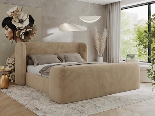 MKS MEBLE Polsterbett 160x200 Beige Plüsch ohne Matratze, modernes Design, stabile Konstruktion – Doppelbett ohne Bettkasten, Designerbett - EMORA Duo von MKS MEBLE