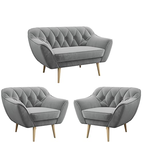 MKS MEBLE Sofa Grau - Moderne Sofa Set 2+1+1 - Skandinavische Deko Polstersofa - Pirs Loungesofa und Zwei Sessels - Vier Personen Grau von MKS MEBLE