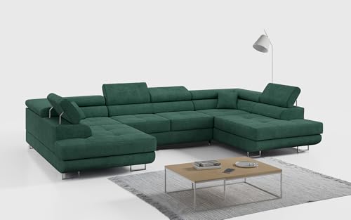 MKS MEBLE Sofa Grün Wohnzimmer - Wohnlandschaft - U-Form Couch mit Schlaffunktion - Schlafsofa mit Bettkasten - Wohnzimmer U Couch - Polstersofa mit Bettkasten - Gustaw U Grün Kronos von MKS MEBLE