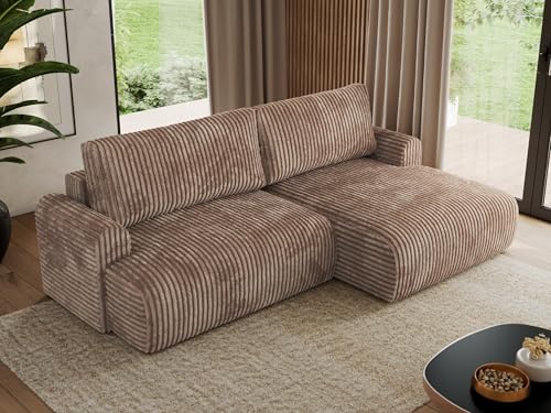 MKS MEBLE Sofa L-Form, Ecksofa mit Schlaffunktion, Wohnlandschaft L-Form, Schlafsofa mit Bettkasten, Bettsofa - Tono L - Braun Cord - Rechts von MKS MEBLE