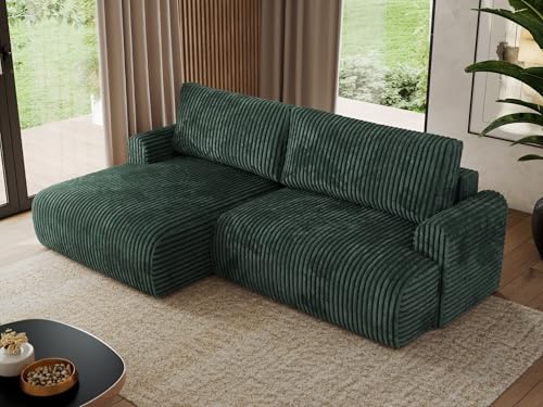 MKS MEBLE Sofa L-Form, Ecksofa mit Schlaffunktion, Wohnlandschaft L-Form, Schlafsofa mit Bettkasten, Bettsofa - Tono L - Grün Cord - Links von MKS MEBLE