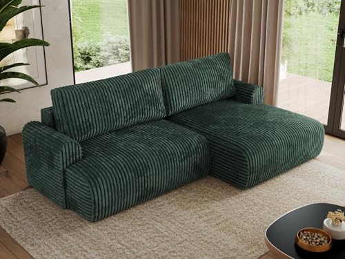 MKS MEBLE Sofa L-Form, Ecksofa mit Schlaffunktion, Wohnlandschaft L-Form, Schlafsofa mit Bettkasten, Bettsofa - Tono L - Grün Cord - Rechts von MKS MEBLE
