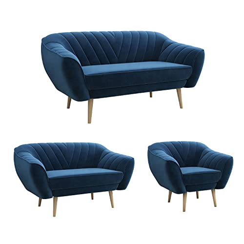 MKS MEBLE Sofa - Moderne Sofa Set 3+2+1 - Skandinavische Deko Polstersofa - Viki Zwei Loungesofas und Sessel - Sechs Personen Marineblau von MKS MEBLE