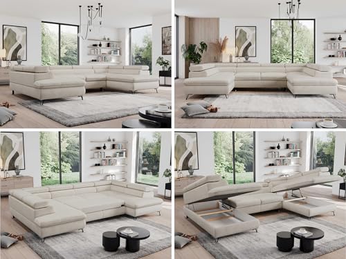 MKS MEBLE Sofa U, Wohnlandschaft U-Form, Ecksofa mit Schlaffunktion und Bettkasten, Schlafsofa mit Bettkasten, Couch mit Verstellbare Kopfstützen - Pedro U - Creme Velvet MKS MEBLE Sofa U, Wohnlandschaft U-Form, Ecksofa mit Schlaffunktion und Bettkasten, Schlafsofa mit Bettkasten, Couch mit Verstellbare Kopfstützen - Pedro U - Creme Velvet von MKS MEBLE
