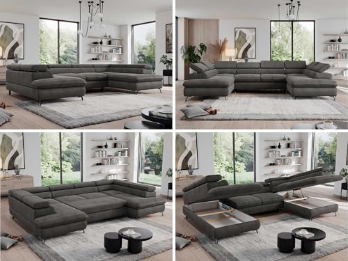MKS MEBLE Sofa U, Wohnlandschaft U-Form, Ecksofa mit Schlaffunktion und Bettkasten, Schlafsofa mit Bettkasten, Couch mit Verstellbare Kopfstützen - Pedro U - Dunkelgrau Velvet Hydrophob von MKS MEBLE