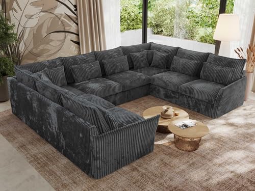 MKS MEBLE Sofa U-Form, Wohnlandschaft, Couch, Ecksofa, Couchgranitur, Polsterecke, Big Sofa XXL, Polstergarnitur - Verso U 8M - Dunkelgrau Cord von MKS MEBLE