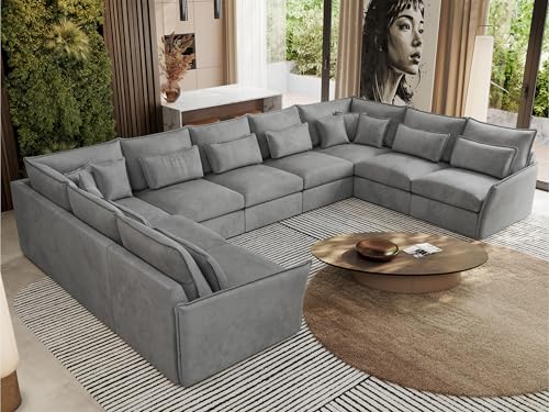 MKS MEBLE Sofa U-Form, Wohnlandschaft, Couch, Ecksofa, Couchgranitur, Polsterecke, Big Sofa XXL, Polstergarnitur - Verso U 9M - Hellgrau Velvet von MKS MEBLE