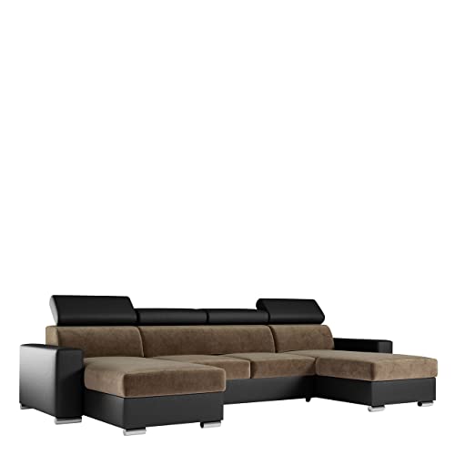 MKS MEBLE U-Form Wohnlandschaft Mit Schlaffunktion, XXL Sofa, Couch Mit Bettkasten - Fox U Hellbraun Schwarz Monolith von MKS MEBLE