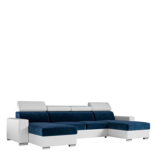 MKS MEBLE Sofa U Form Wohnlandschaft Mit Schlaffunktion, XXL Couch, Polstersofa Mit Bettkasten - Fox U Marineblau Weiß Monolith von MKS MEBLE