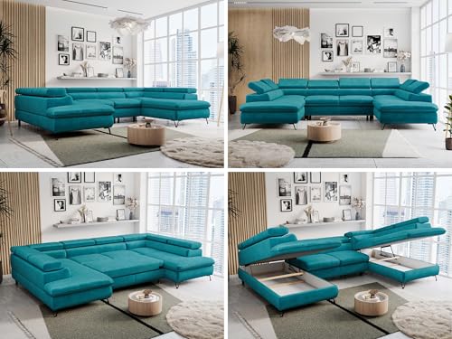 MKS MEBLE Sofa U-Form Blau, Wohnlandschaft U-Form, Sofa mit Schlaffunktion und Bettkasten, Schlafsofa mit Bettkasten, Couch mit Verstellbare Kopfstützen - Peter U - Hellblau Velvet von MKS MEBLE
