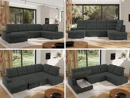 MKS MEBLE Sofa U-Form Dunkelgrau Struktur, Wohnlandschaft U-Form, Sofa mit Schlaffunktion und Bettkasten, Schlafsofa mit Bettkasten, Couch mit Schlaffunktion - Dunkelgrau Struktur - Madrito von MKS MEBLE