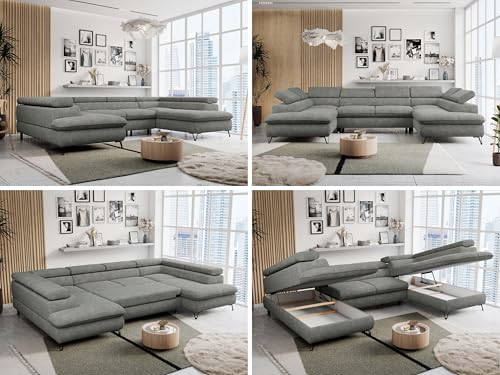MKS MEBLE Sofa U-Form Grau, Wohnlandschaft U-Form, Sofa mit Schlaffunktion und Bettkasten, Schlafsofa mit Bettkasten, Couch mit Verstellbare Kopfstützen - Peter U - Grau Struktur von MKS MEBLE