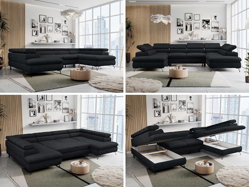 MKS MEBLE Sofa U-Form Schwarz, Wohnlandschaft U-Form, Sofa mit Schlaffunktion und Bettkasten, Schlafsofa mit Bettkasten, Couch mit Verstellbare Kopfstützen - Peter U - Schwarz Velvet von MKS MEBLE