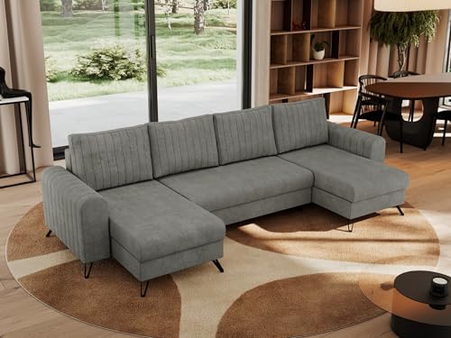 MKS MEBLE Sofa U-Form mit Schlaffunktion, Wohnlandschaft U Form Couch, Schlafsofa Bettsofa mit Schlaffunktion und Bettkasten - Grau Struktur - Axel U - Topper T25 von MKS MEBLE