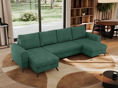 MKS MEBLE Sofa U-Form mit Schlaffunktion, Wohnlandschaft U Form Couch, Schlafsofa Bettsofa mit Schlaffunktion und Bettkasten - Grün Struktur - Axel U von MKS MEBLE