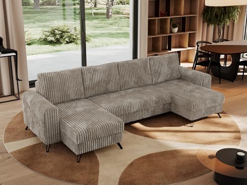 MKS MEBLE Sofa U-Form mit Schlaffunktion, Wohnlandschaft U Form Couch, Schlafsofa Bettsofa mit Schlaffunktion und Bettkasten - Hellbraun Cord - Axel U von MKS MEBLE