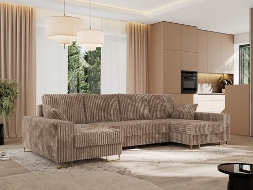 MKS MEBLE Sofa U Form mit Schlaffunktion - Wohnlandschaft U Form, Ecksofa mit Schlaffunktion und Bettkasten, Schlafsofa mit Bettkasten, Couch mit Schlaffunktion - Braun Cord Dorian U von MKS MEBLE