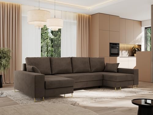 MKS MEBLE Sofa U Form mit Schlaffunktion - Wohnlandschaft U Form, Ecksofa mit Schlaffunktion und Bettkasten, Schlafsofa mit Bettkasten, Couch mit Schlaffunktion - Braun Velvet Dorian U von MKS MEBLE