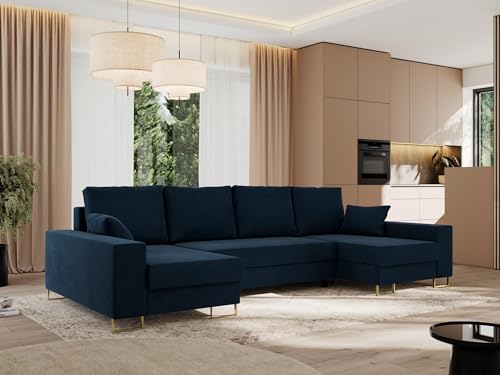 MKS MEBLE Sofa U Form mit Schlaffunktion - Wohnlandschaft U Form, Ecksofa mit Schlaffunktion und Bettkasten, Schlafsofa mit Bettkasten, Couch mit Schlaffunktion - Dunkelblau Velvet Dorian U von MKS MEBLE