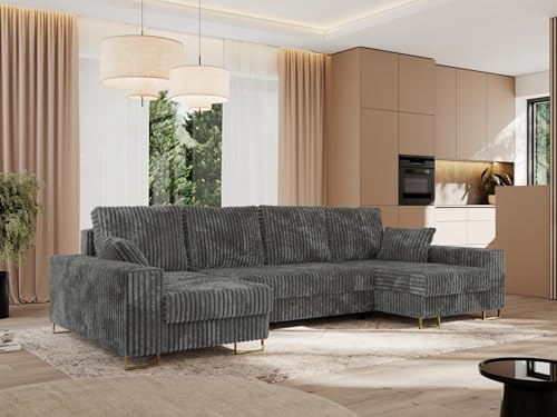 MKS MEBLE Sofa U Form mit Schlaffunktion - Wohnlandschaft U Form, Ecksofa mit Schlaffunktion und Bettkasten, Schlafsofa mit Bettkasten, Couch mit Schlaffunktion - Dunkelgrau Cord Dorian U von MKS MEBLE