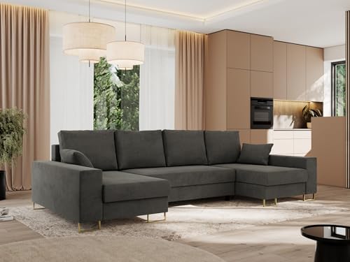 MKS MEBLE Sofa U Form mit Schlaffunktion - Wohnlandschaft U Form, Ecksofa mit Schlaffunktion und Bettkasten, Schlafsofa mit Bettkasten, Couch mit Schlaffunktion - Dunkelgrau Velvet Dorian U von MKS MEBLE