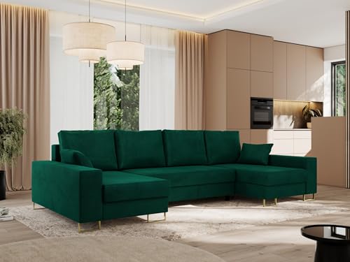 MKS MEBLE Sofa U Form mit Schlaffunktion - Wohnlandschaft U Form, Ecksofa mit Schlaffunktion und Bettkasten, Schlafsofa mit Bettkasten, Couch mit Schlaffunktion - Dunkelgrün Velvet Dorian U von MKS MEBLE