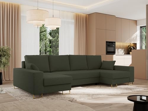 MKS MEBLE Sofa U Form mit Schlaffunktion - Wohnlandschaft U Form, Ecksofa mit Schlaffunktion und Bettkasten, Schlafsofa mit Bettkasten, Couch mit Schlaffunktion - Grün Boucle Dorian U von MKS MEBLE