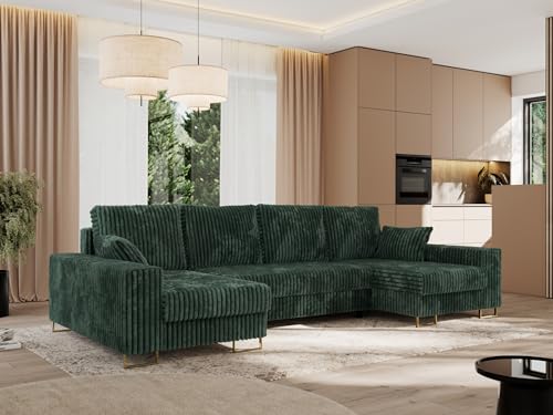 MKS MEBLE Sofa U Form mit Schlaffunktion - Wohnlandschaft U Form, Ecksofa mit Schlaffunktion und Bettkasten, Schlafsofa mit Bettkasten, Couch mit Schlaffunktion - Grün Cord Dorian U von MKS MEBLE