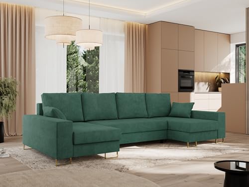 MKS MEBLE Sofa U Form mit Schlaffunktion - Wohnlandschaft U Form, Ecksofa mit Schlaffunktion und Bettkasten, Schlafsofa mit Bettkasten, Couch mit Schlaffunktion - Grün Struktur Dorian U von MKS MEBLE