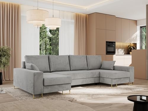 MKS MEBLE Sofa U Form mit Schlaffunktion - Wohnlandschaft U Form, Ecksofa mit Schlaffunktion und Bettkasten, Schlafsofa mit Bettkasten, Couch mit Schlaffunktion - Hellgrau Velvet Dorian U von MKS MEBLE