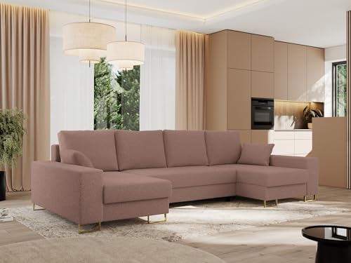 MKS MEBLE Sofa U Form mit Schlaffunktion - Wohnlandschaft U Form, Ecksofa mit Schlaffunktion und Bettkasten, Schlafsofa mit Bettkasten, Couch mit Schlaffunktion - Rosa Boucle Dorian U von MKS MEBLE