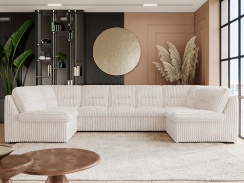 MKS MEBLE Sofa XXL U-Form Cord Beige, Wohnlandschaft U Form mit Schlaffunktion, Sofa mit Schlaffunktion, Schlafsofa mit Topper, Wohnzimmer Couch mit schlaffunktion - Comodo U - Beige Cord von MKS MEBLE