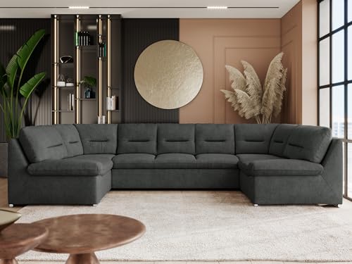 MKS MEBLE Sofa XXL U-Form Grau, Wohnlandschaft Mit Schlaffunktion, Schlafsofa Mit Topper, Wohnzimmer Couch - Comodo U - Dunkelgrau Stukture von MKS MEBLE