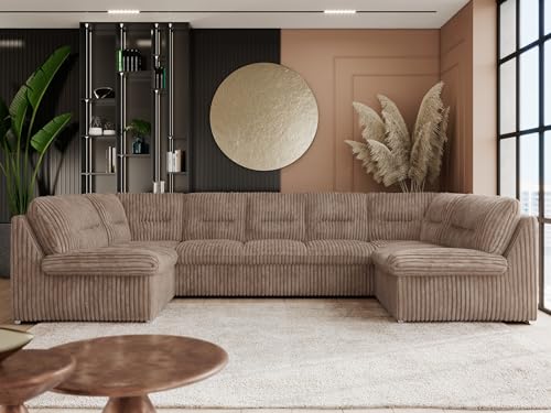MKS MEBLE Sofa XXL U-Form Cord Braun, Wohnlandschaft U Form mit Schlaffunktion, Sofa mit Schlaffunktion, Schlafsofa mit Topper, Wohnzimmer Couch mit schlaffunktion - Comodo U - Braun Cord von MKS MEBLE
