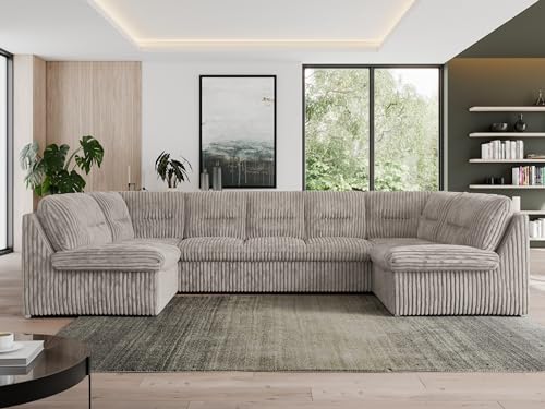MKS MEBLE Sofa XXL U-Form Grau Cord Wohnlandschaft U-Form mit Schlaffunktion, Sofa mit Schlaffunktion, Schlafsofa mit Topper, Wohnzimmer Couch mit schlaffunktion, Morbido U - Hellgrau Cord von MKS MEBLE